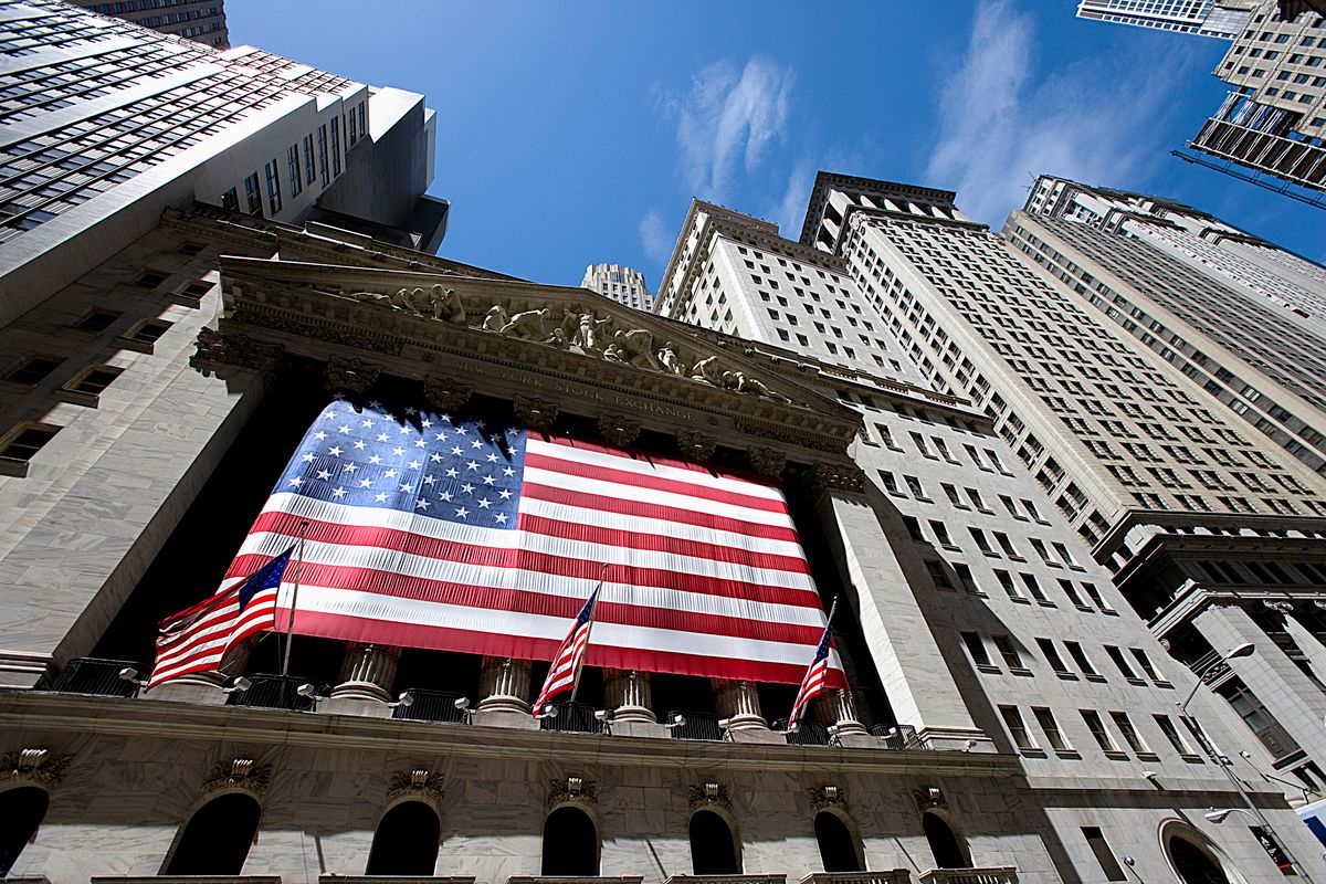 amerikai tőzsde, S&P 500, Manhattan, Wall Street Stock Exchange, American flag