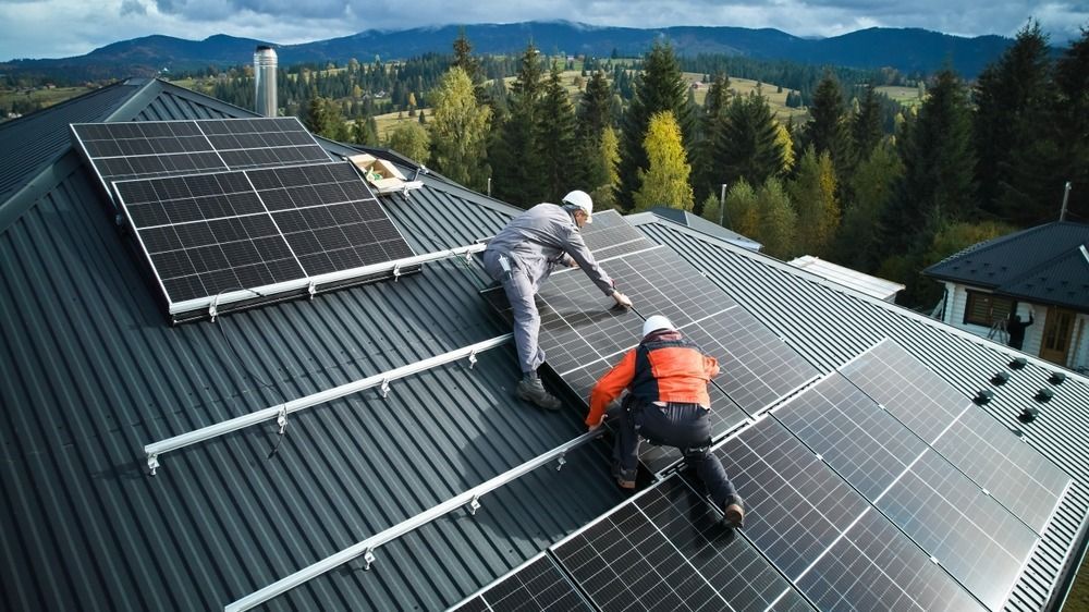 Electricians,Building,Photovoltaic,Solar,Module,Station,On,Roof,Of,House., napelem, napenergia
