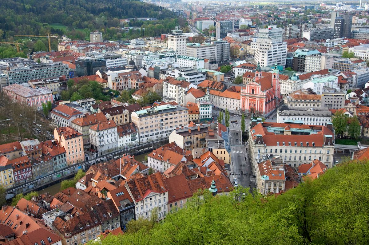 View of city centre from the Old Castle Ljubljanski Grad. Ljubljana. Slovenia. Europe
Szlovénia