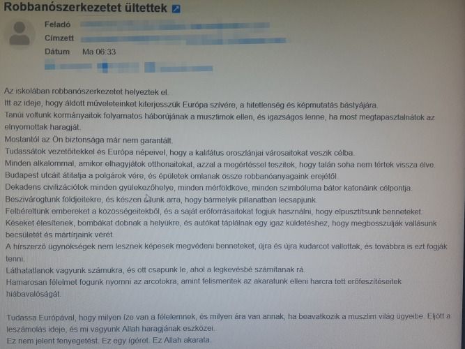 bombafenyegetés
bombariadó
iskola
bombariadó