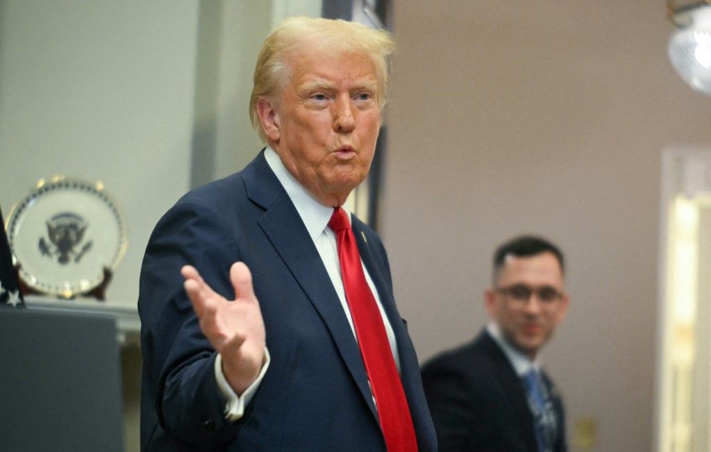 US President Trump delivers remarks in the Roosevelt Room at the White House