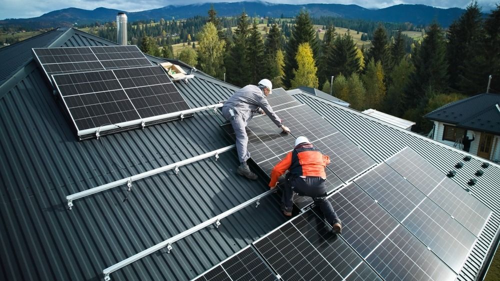 Electricians,Building,Photovoltaic,Solar,Module,Station,On,Roof,Of,House., napelem, napenergia