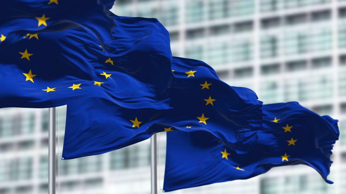 Group,Of,Flags,Of,The,European,Union,Waving,In,The