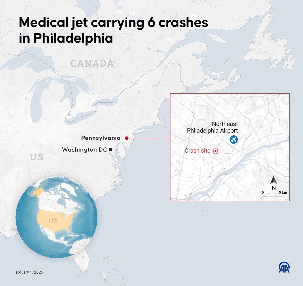 Medical jet carrying 6 crashes in Philadelphia