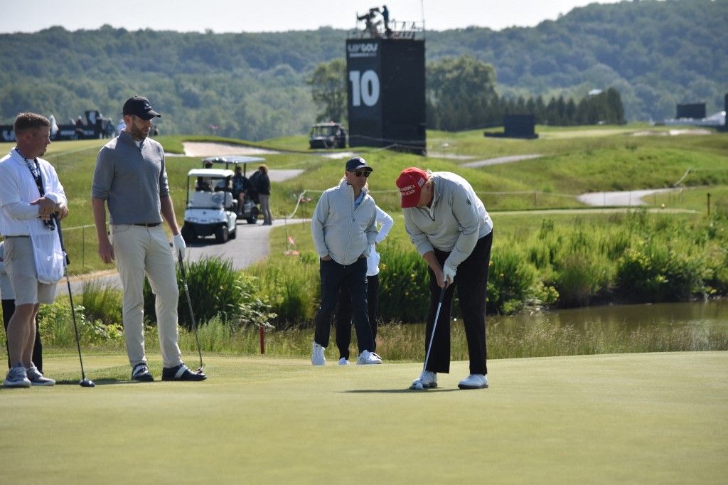 Former President Of The United States Donald J. Trump Plays Golf In The LIV Golf Washington DC Pro-Am Round