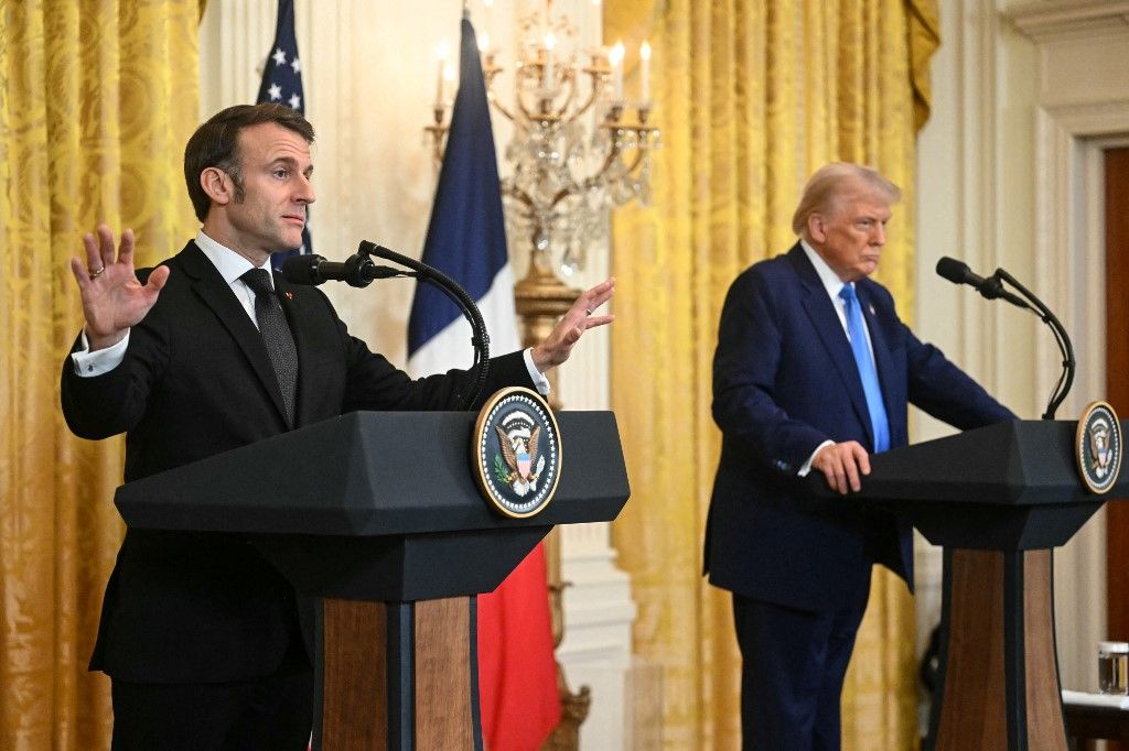 Donald Trump amerikai elnök és Emmanuel Macron francia elnök közös sajtótájékoztatót tart a washingtoni Fehér Házban 2025. február 24-én