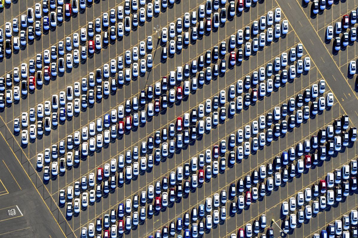 Aerial,View,Of,A,Car,Distribution,Centre,,New,Cars,Parked
