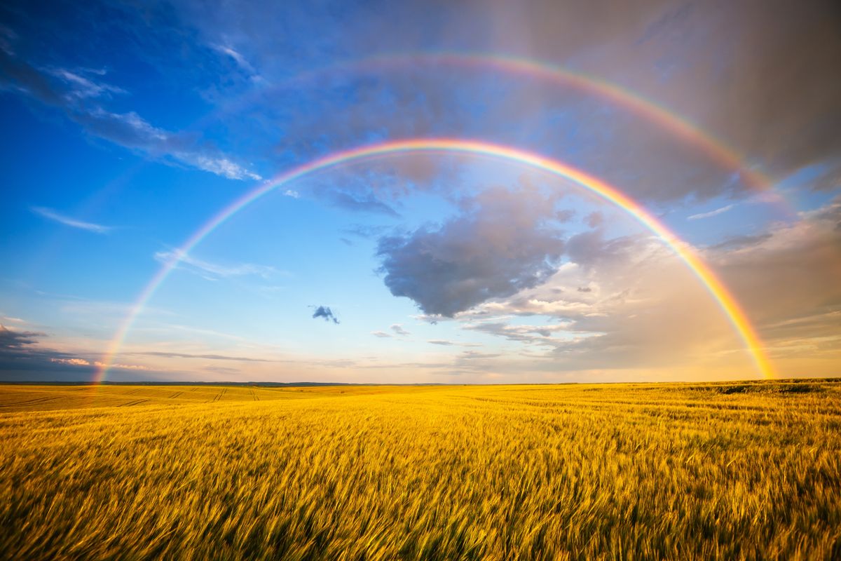 Tranquil,Agricultural,Landscape,With,A,Magical,Rainbow,At,Sunset.,Agrarian, Ukrajna