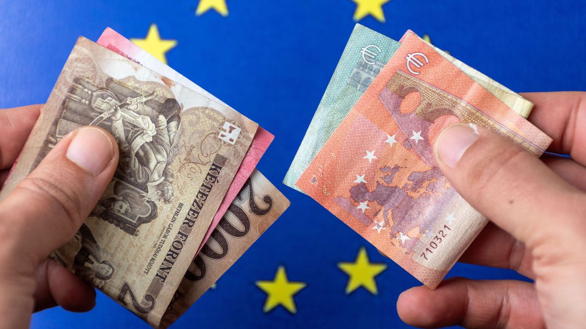 forint, euró, deviza, Euro,And,Forint,Banknotes,In,Hand