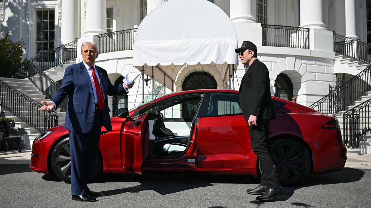 US President Trump unveils a Tesla car at the White House