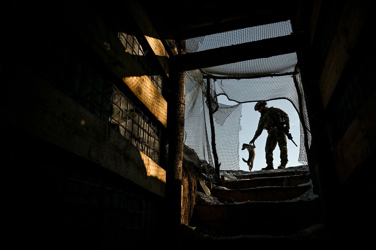 Work of 44th Brigade?s artillery unit in Zaporizhzhia sector
A soldier from the artillery crew of the 44th Separate Artillery Brigade named after Hetman Danylo Apostol plays with a dog in the Zaporizhzhia region, Ukraine, on February 21, 2025 (Photo by Dmytro Smolienko/Ukrinform) NO USE RUSSIA. NO USE BELARUS. (Photo by Ukrinform/NurPhoto) (Photo by Dmytro Smolienko / NurPhoto / NurPhoto via AFP)