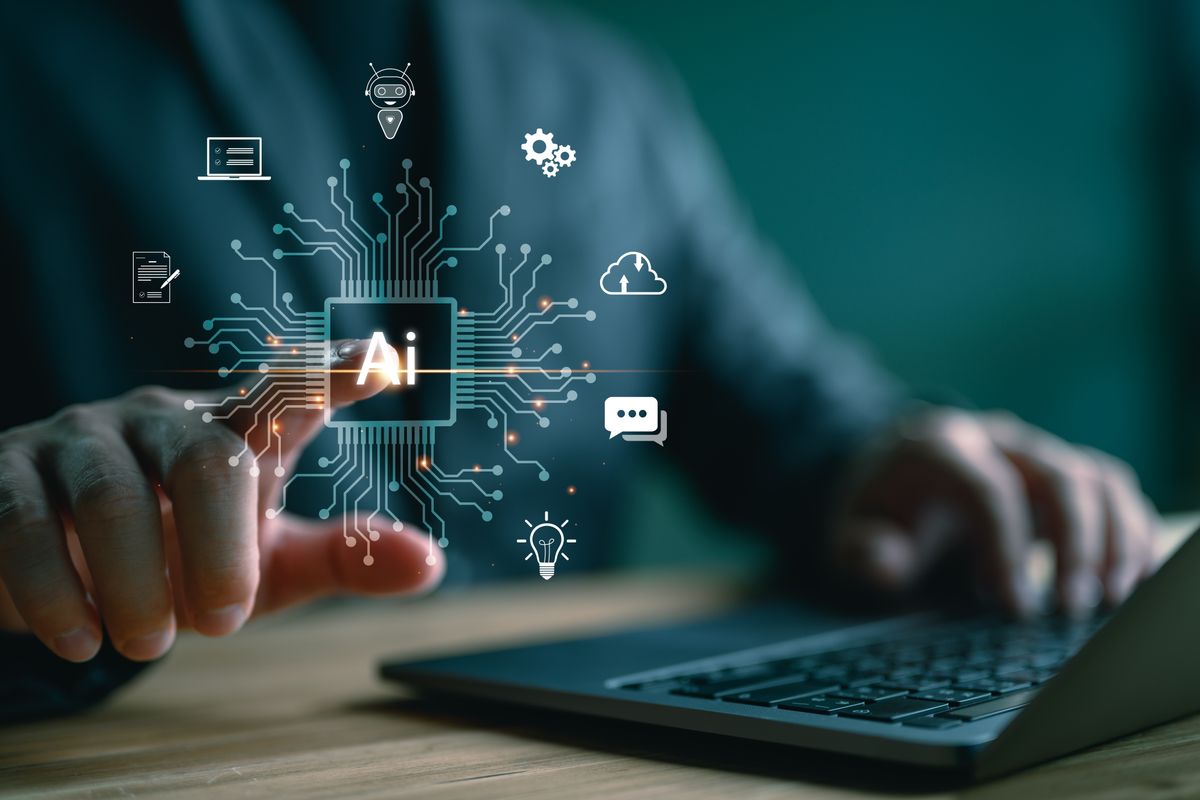 mesterséges intelligencia,Technology,And,People,Concept,Man,Use,Ai,To,Help,Work,