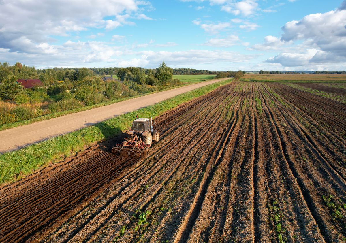 Tactor,With,Disk,Harrow,On,Plowing,Field.,Cultivated,Land,And, szántóföld, traktor, termőföldek ára