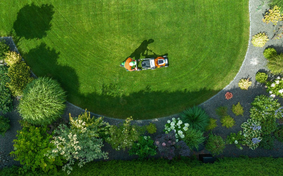 fűnyírás A,Person,Mows,A,Well-maintained,Lawn,,Encircled,By,Colorful,Plants