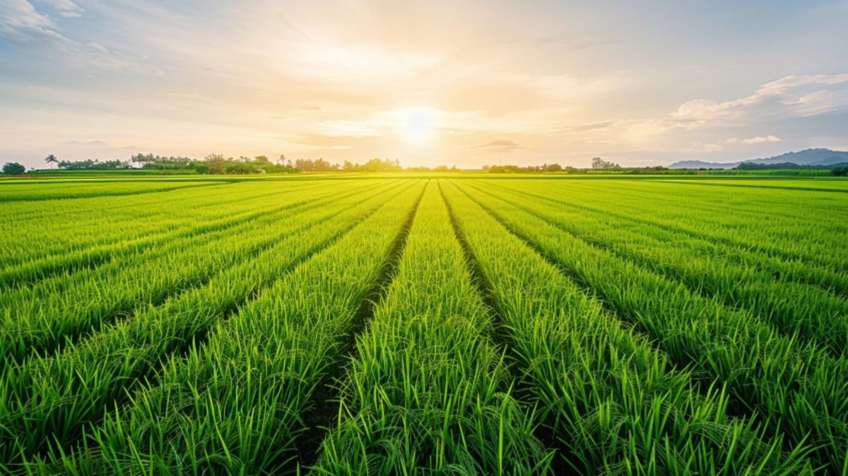 A,Lush,Rice,Paddy,Field,With,Neat,,Under,A,Bright,