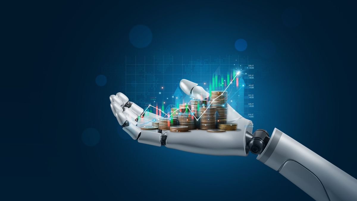 európaibankszektor,Ai(artificial,Intelligence),And,Financial,Technology,Concept.robot,Hand,Holding,Stacking,Pile,bank, mesterséges intelligencia, AI, artifical intelligence