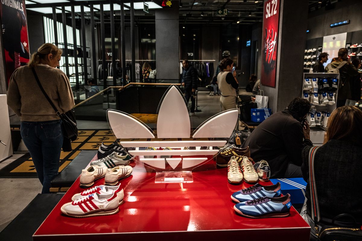 Retro-style sneakers at an Adidas AG store in Barcelona.
