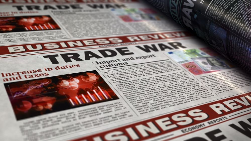 Trade,War,,Economic,Protectionism,And,Financial,Conflict.,Newspaper,Print.,Vintage, vámháború, kereskedelmi világszervezet