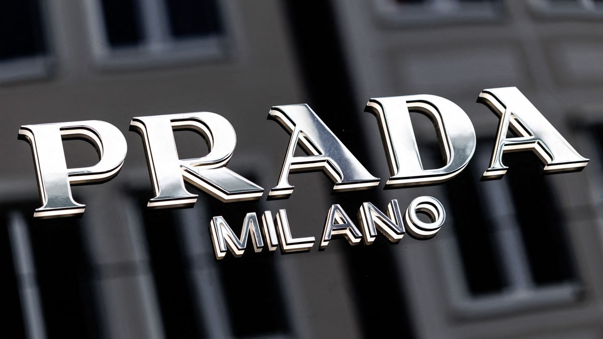 Prada brand logo on a store of the luxury brand