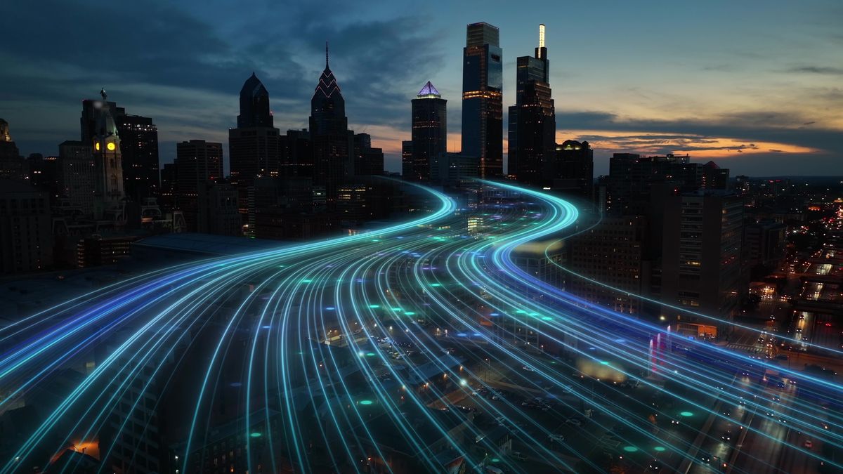 Smart,City,Digital,Transformation,Development,Concept.,Band,Lights,Over,Modern, globális, megatrendek