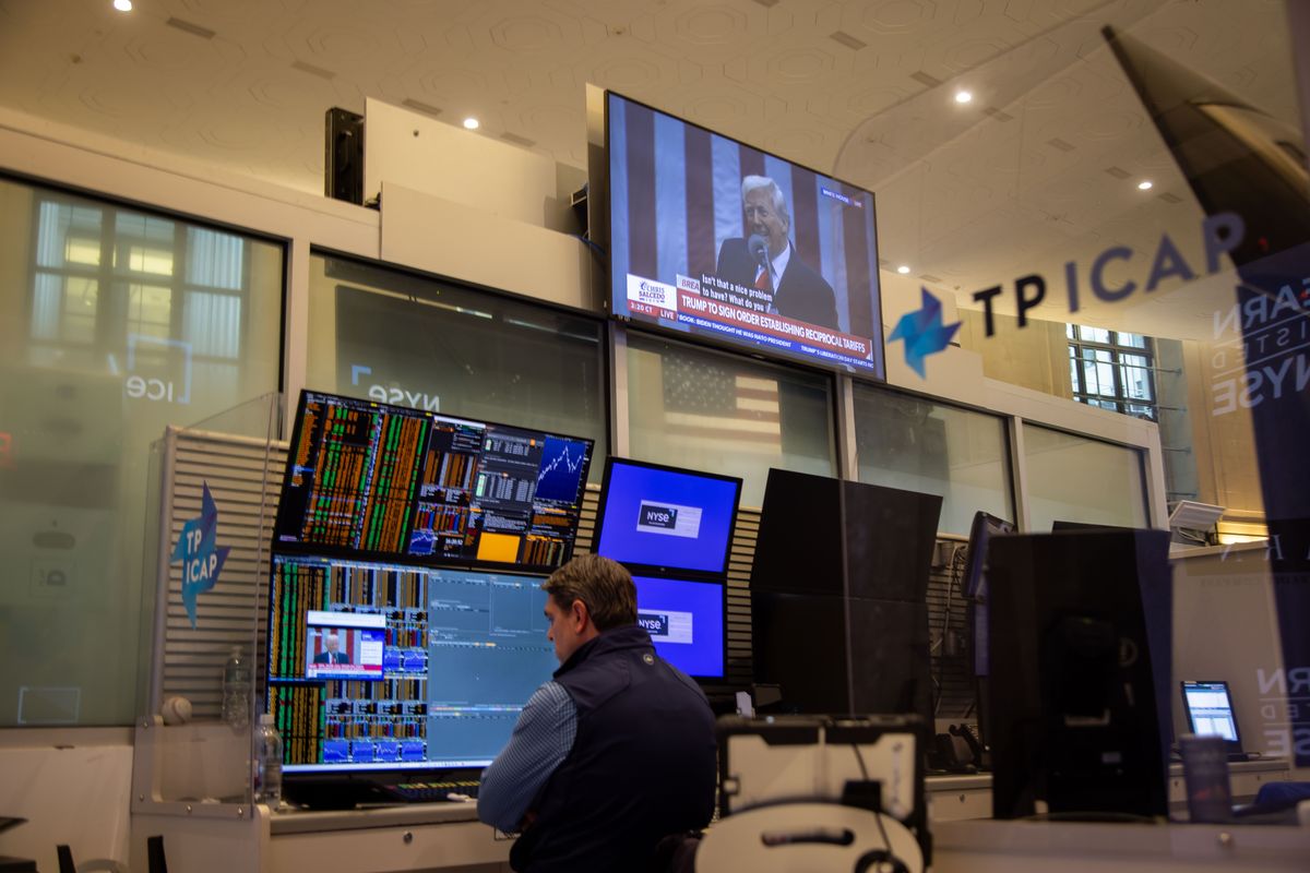 Traders On The Floor Of The NYSE As Donald Trump Announces New Tariffs
