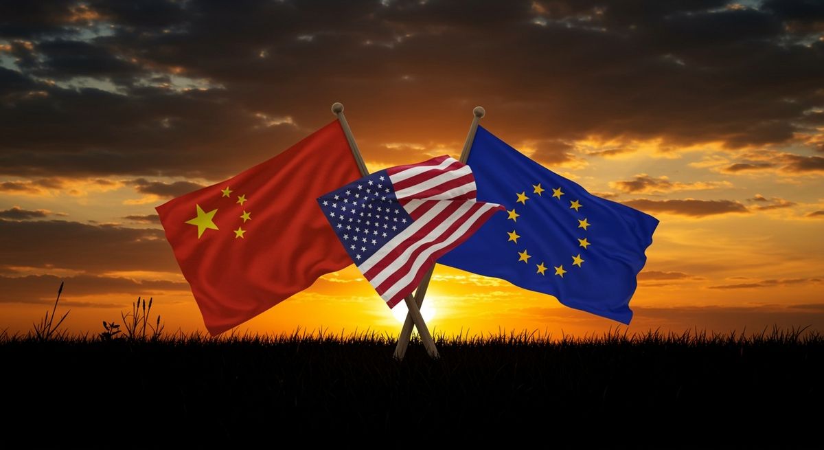 Outdoor,Photo,Of,China,United,State,And,Europa,Union,Flags, európai únió zászló, kína zászló, usa zászló 