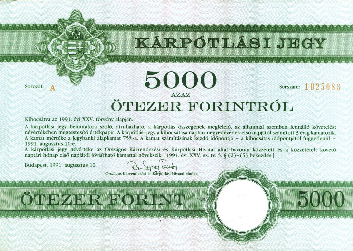 Kárpótlási jegy eleje