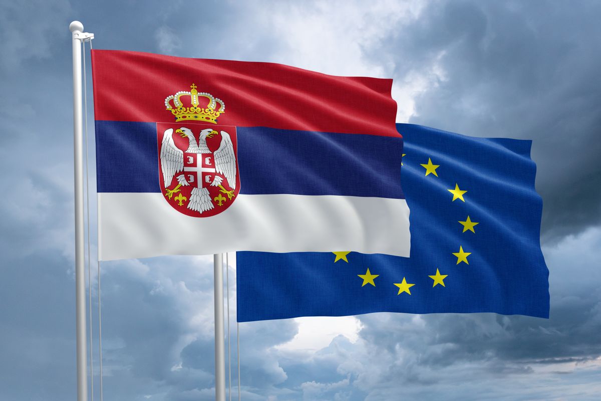 Serbia,And,Eu,Flag,Together,Next,To,Each,Other,On