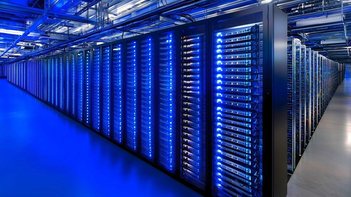 Network servers in data center glowing with blue light