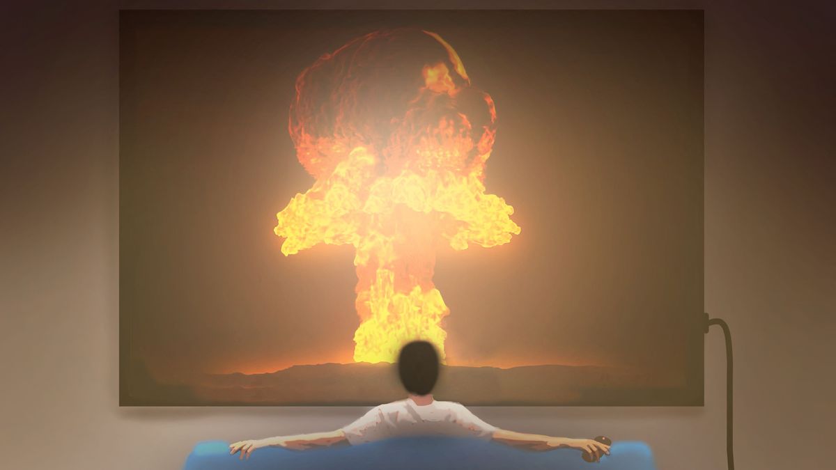 Man watching nuclear explosion on a television, illustration Globális nukleáris biztonság