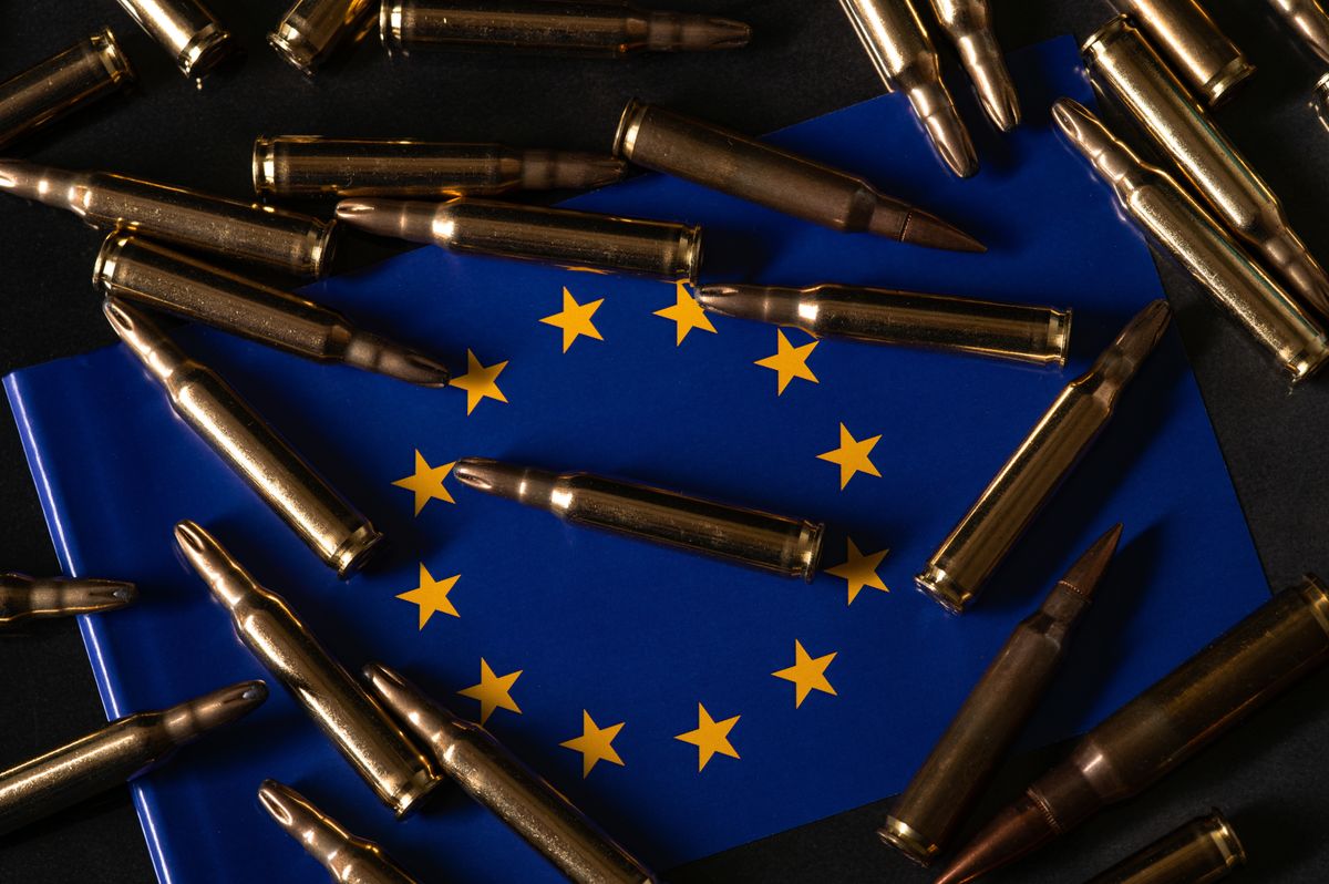 European,Union,Flag,Surrounded,By,Bullets,Symbol,Of,Defense,,Defence