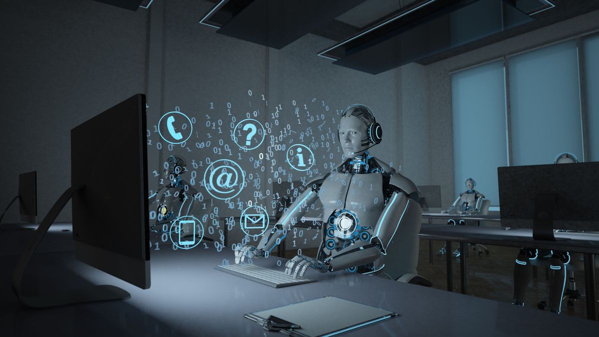 MI,Humanoid,Robot,In,A,Call,Center.,3d,Illustration.