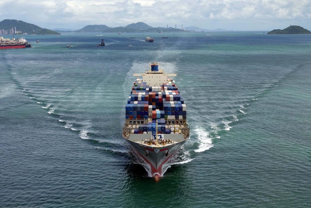 Cargo ship sailing off coast of Hong Kong
