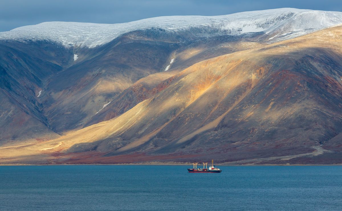 Cargo,Ship,In,The,Bay.,Epic,Arctic,Landscape.,Beautiful,Mountains