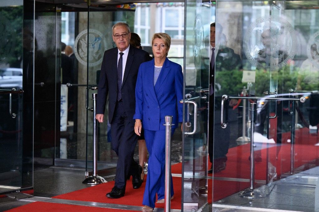 President of the Swiss Confederation, Karin Keller-Sutter, arrives at the Department of State