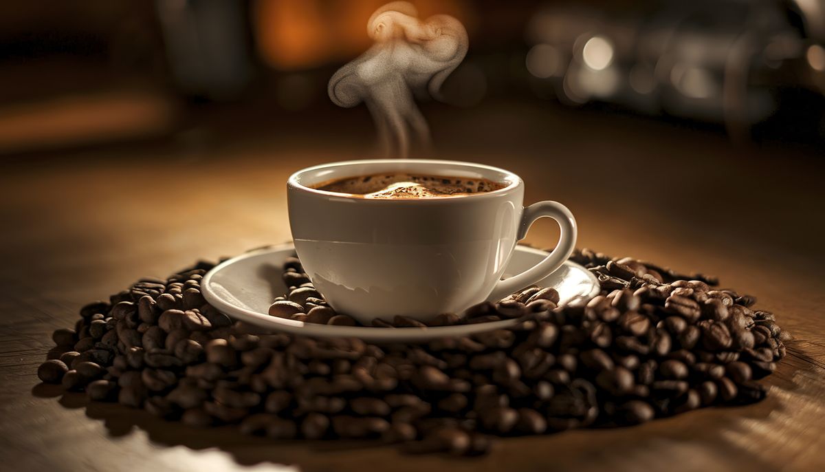 A,White,Cup,Of,Steaming,Coffee,Placed,On,A,Saucer,