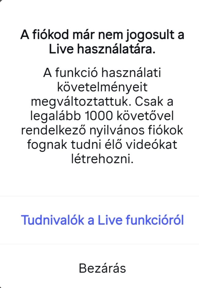 Az Instagram magyar nyelvű figyelmeztetése a korlátozásról.