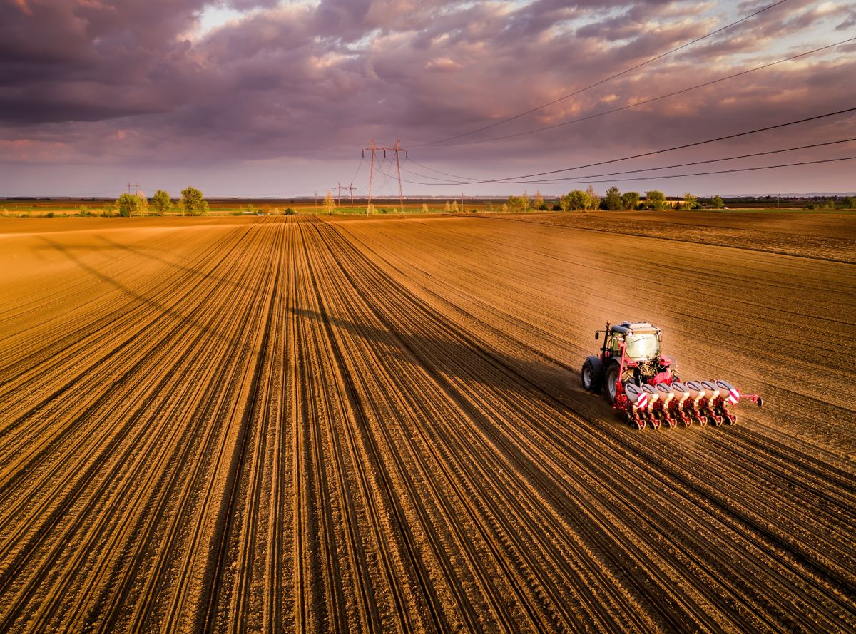 Aerial,Shot,Of,A,Farmer,Seeding,,Sowing,Crops,At,Field., vetésterület