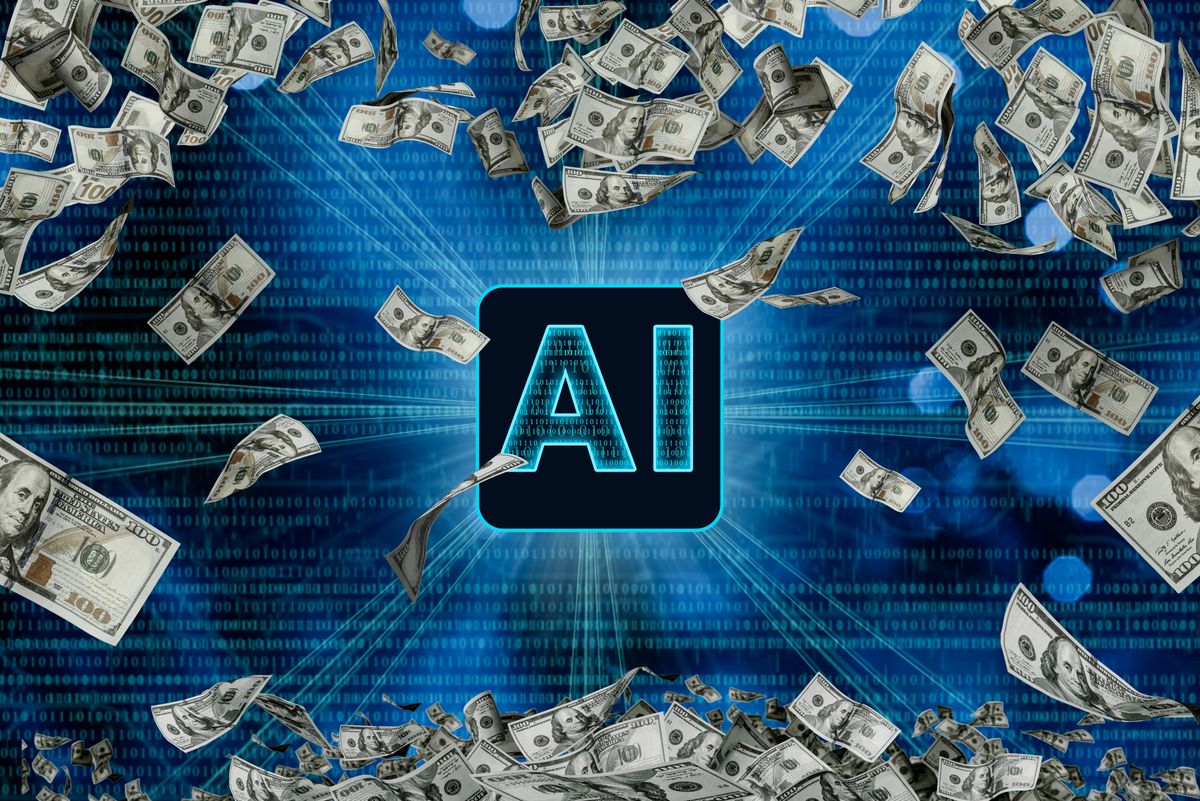 Ai,,Artificial,Intelligence,Concept.,Typhoon,Of,Hundreds,Usd,Dollars,Banknotes. A mesterséges intelligencia tucatjával generálja az új milliárdosokat