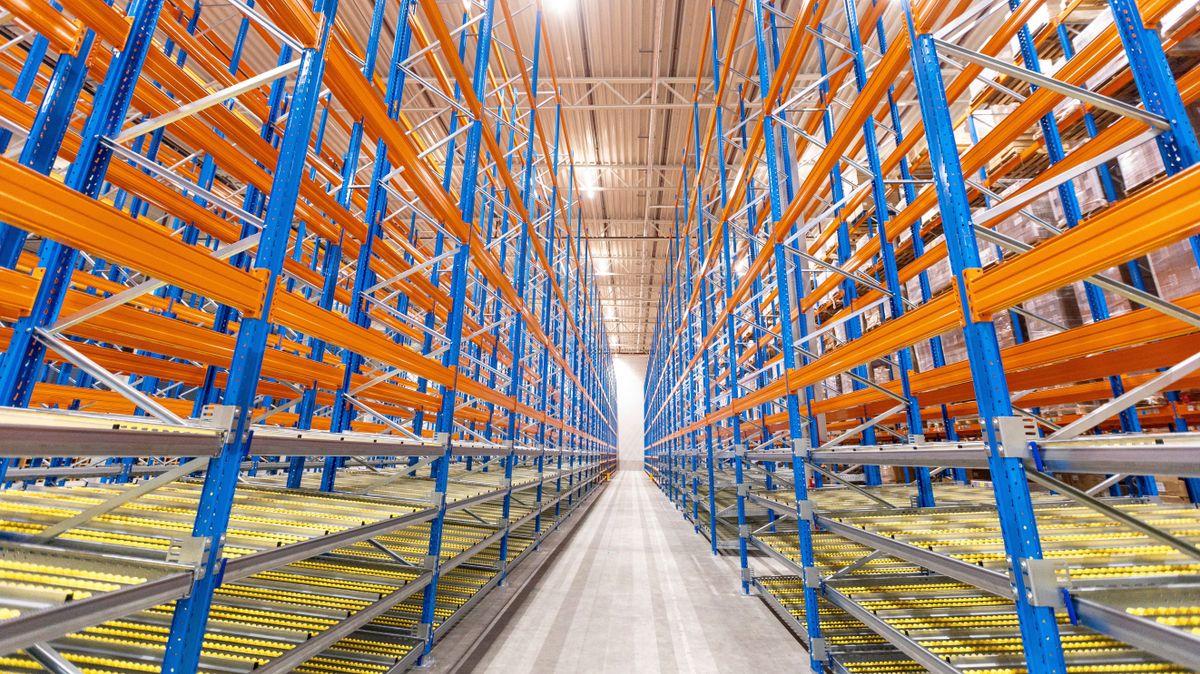 FDI,Blue,Racks,In,A,Warehouse,Building.,Metal,Structures.,Top,View.