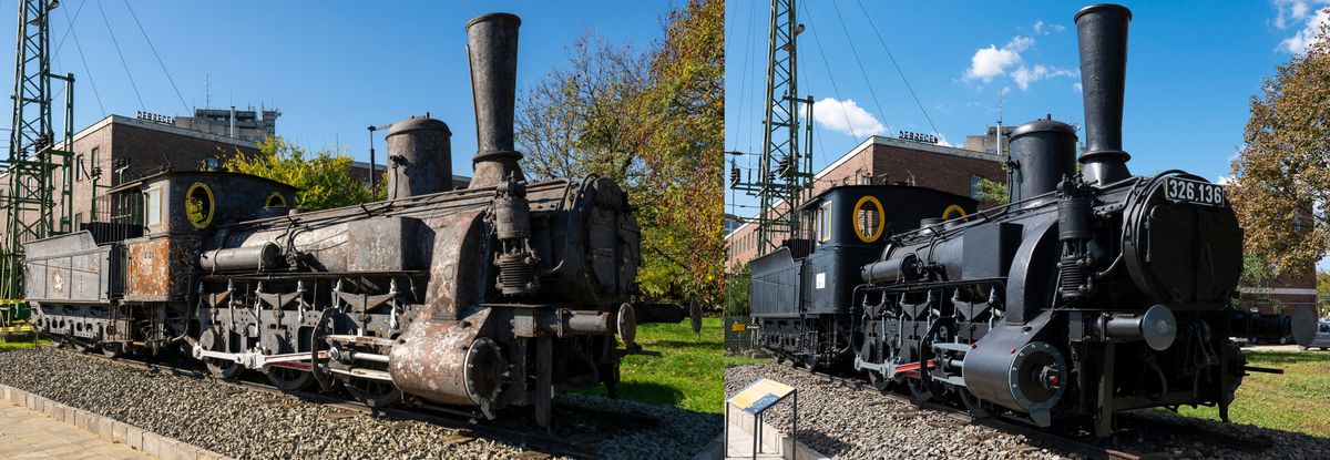 A képen az ikonikus gőzmozdony állagmegóvás előtti, illetve a felújítási munkák utáni állapota látható.