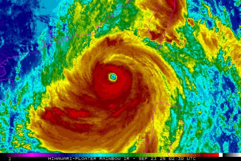 This handout from the US' National Oceanic and Atmospheric Administration (NOAA) taken and received on September 23, 2025 shows HIMAWARI satellite imagery of super typhoon Ragasa as it develops and nears Hong Kong and mainland China. Hong Kong shut school