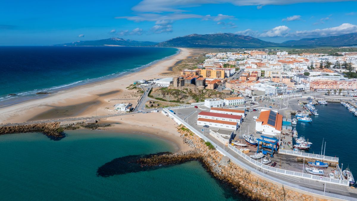 Aerial,View,Of,Tarifa,,Spain,,Showing,A,Sandy,Beach,,Deep