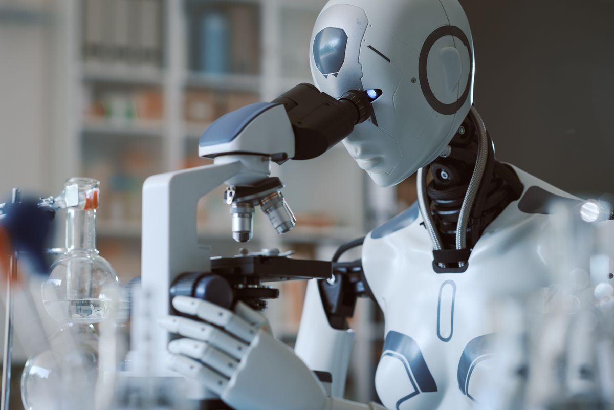Ai,Robot,Using,A,Microscope,In,The,Scientific,Laboratory:,Artificial