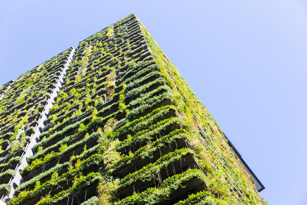 Low angle view of appartment building with vertical garden, sky background with copy space
