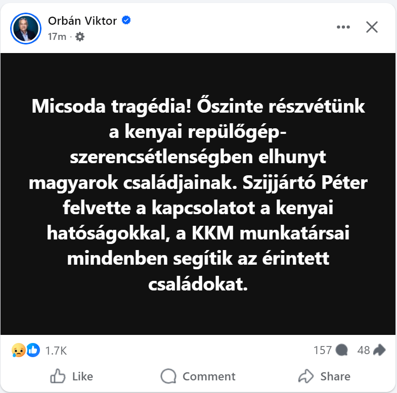 Orbán Viktor posztja a kenyai tragédiát követően. /Facebook: Orbán Viktor