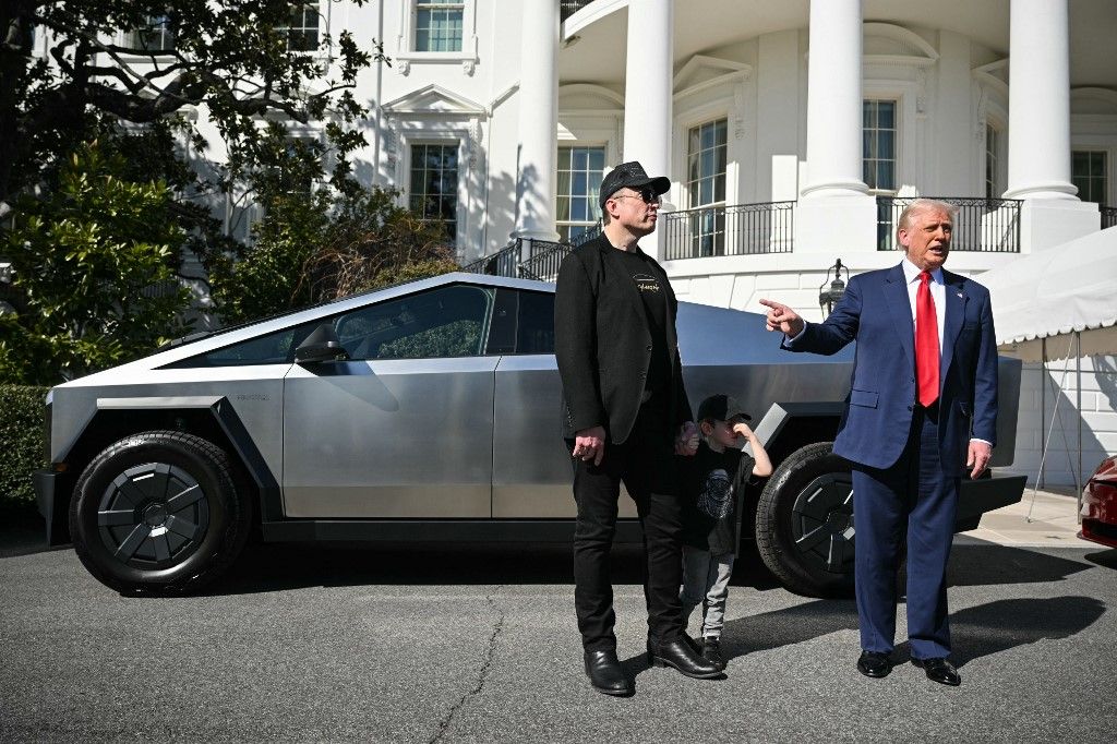 US President Trump unveils a Tesla car at the White House