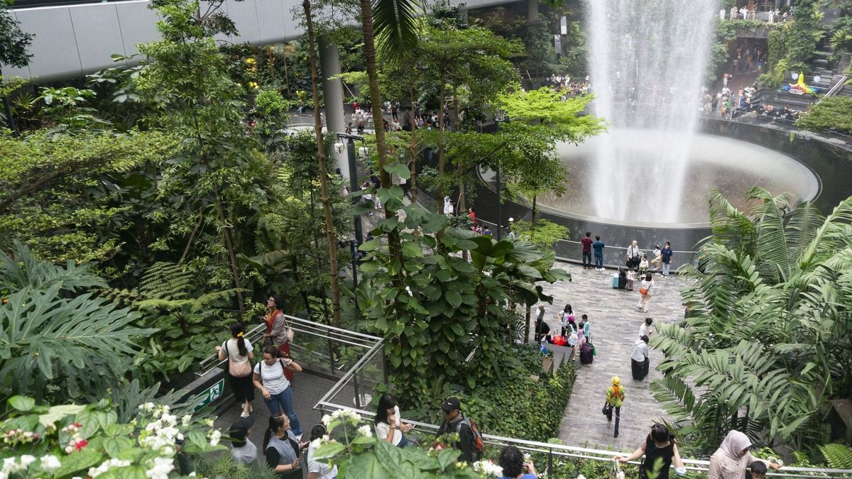A Changi repülőtér termináljában található Rain Vortex nemcsak mérnöki bravúr, hanem egy ökológiai csoda is. Fotó: Anadolu via AFP/Agoes Rudianto