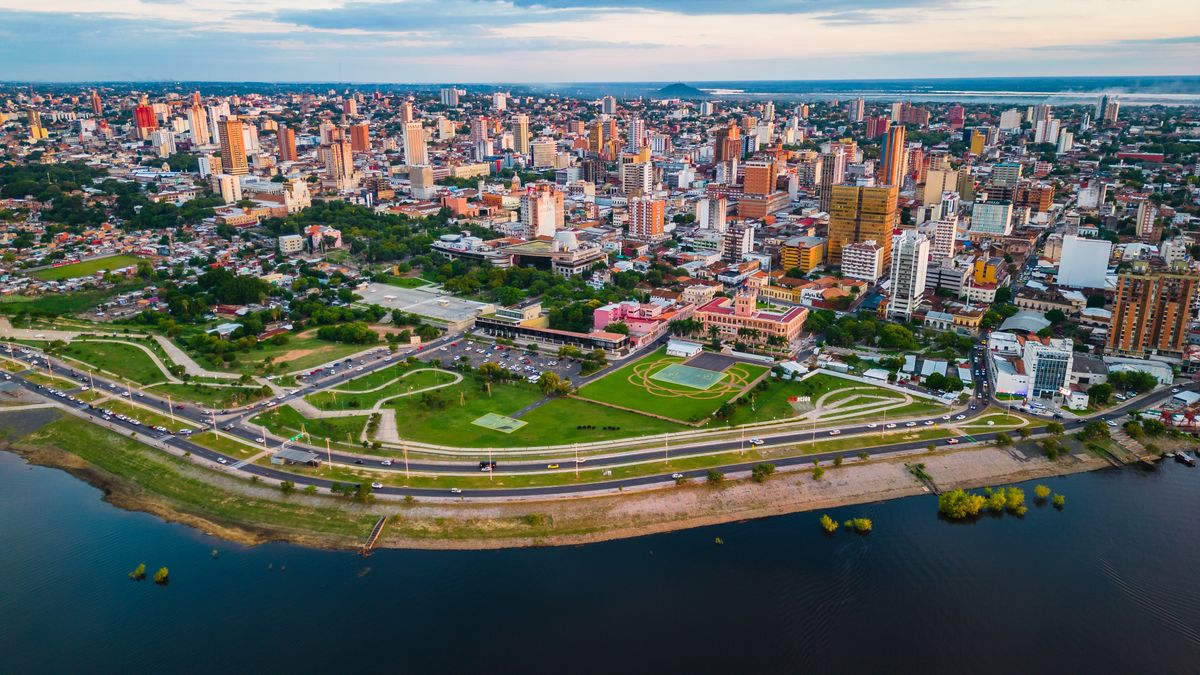 Aerial,Drone,Fly,Above,Asuncion,City,Waterfront,In,Paraguay,,Daylight