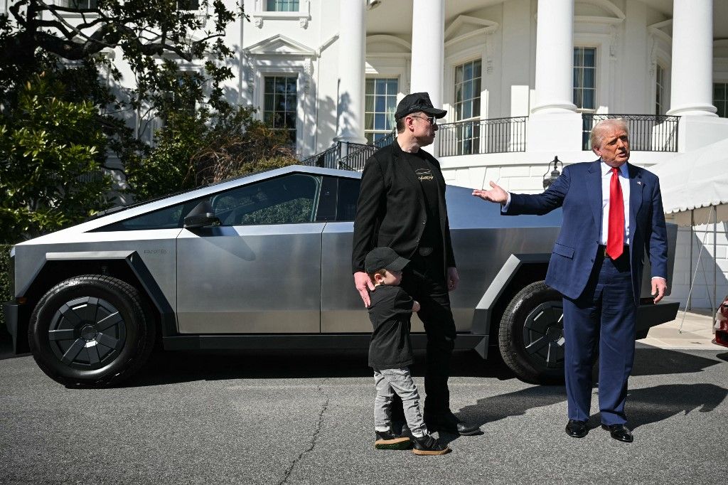 US President Trump unveils a Tesla car at the White House